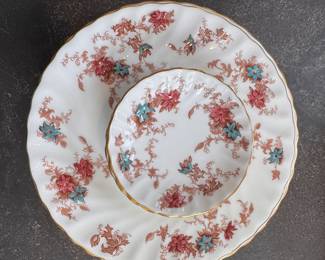 Minton Ancestral 57-Piece Bone China Set. Pieces Include: Set of 13 Dinner Plates, Set of 13 Salad Plates, Set of 9 Bread & Butter Plates. Set of 12 Cups & Saucers, Set of 4 Salt Cellars, Salt & Pepper Shaker, Cream & Sugar, Oval Bowl and Platter. Photo 1 of 4. 