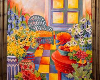 "Quilting Craft Room" Signed by Artist Jo Anne Yelen. Measures 46" x 47" Overall. Photo 1 of 2.