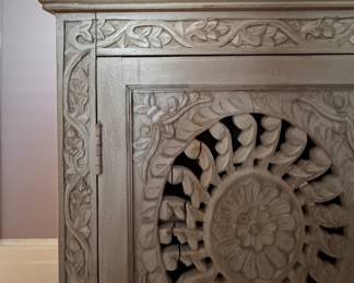 Hand-Carved Two-Door Accent Cabinet with Distressed Whitewash Finish. Measures 47" W x 16" D x 35" H. Photo 3 of 7.
