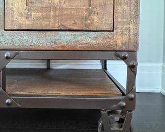 Forged Iron Base Media Stand / Console. Mix of Reclaimed Pin and Iron. On Casters - 2 Available. Each Measures 52" W x 18" D x 38" H. Photo 5 of 5.