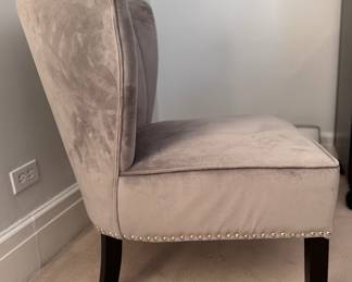 Channel Back Upholstered Slipper Chair with Nailhead Trim and Ebonized Wood Legs. Measures 26" W x 28" D. Photo 2 of 3.