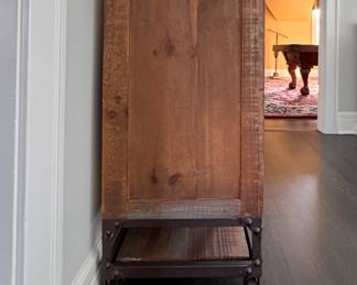 Forged Iron Base Media Stand / Console. Mix of Reclaimed Pin and Iron. On Casters - 2 Available. Each Measures 52" W x 18" D x 38" H. Photo 3 of 5.