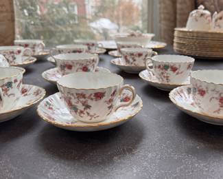 Minton Ancestral 57-Piece Bone China Set. Pieces Include: Set of 13 Dinner Plates, Set of 13 Salad Plates, Set of 9 Bread & Butter Plates. Set of 12 Cups & Saucers, Set of 4 Salt Cellars, Salt & Pepper Shaker, Cream & Sugar, Oval Bowl and Platter. Photo 3 of 4. 