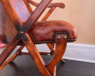 Walter E. Smithe English Georgian Style "Campaign" Chair Upholstered in Tobacco Leather and Matching Ottoman with Nailhead Trim. Measures 26" W x 30" D. Photo 3 of 7.