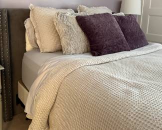 Upholstered "Wing Back" Queen Head Board with Nailhead Trim. Measures 70" W x 48" H. Photo 1 of 3.