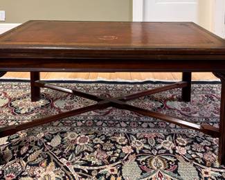 Heritage Henredon Flame Mahogany Flip Top Coffee Table with Tooled Leather Top. Photo 1 of 3. 