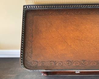 Theodore Alexander Louis XVI Leather Top Console and Brass Gallery. Measures 58" W x 11" D x 33" H to Gallery. Photo 4 of 7.