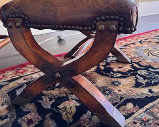 Walter E. Smithe English Georgian Style "Campaign" Chair Upholstered in Tobacco Leather and Matching Ottoman with Nailhead Trim. Measures 26" W x 30" D. Photo 6 of 7.