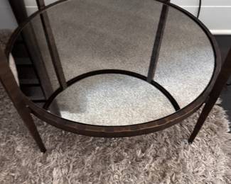 Crate & Barrel Clairemont Round Side Table with Antique Mirror Lower Shelf - 2 Available. Each Measures 25" H x 24" D. Photo 4 of 4.