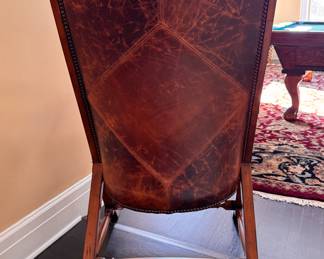 Walter E. Smithe English Georgian Style "Campaign" Chair Upholstered in Tobacco Leather and Matching Ottoman with Nailhead Trim. Measures 26" W x 30" D. Photo 5 of 7.