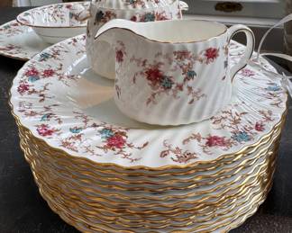 Minton Ancestral 57-Piece Bone China Set. Pieces Include: Set of 13 Dinner Plates, Set of 13 Salad Plates, Set of 9 Bread & Butter Plates. Set of 12 Cups & Saucers, Set of 4 Salt Cellars, Salt & Pepper Shaker, Cream & Sugar, Oval Bowl and Platter. Photo 2 of 4. 