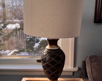 Pair of Pineapple-Shape Table Lamps with Faux Leather Body. Each Measures 28" H. Photo 1 of 2.