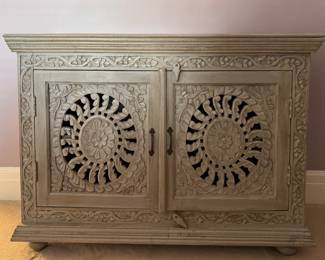 Hand-Carved Two-Door Accent Cabinet with Distressed Whitewash Finish. Measures 47" W x 16" D x 35" H. Photo 1 of 7.