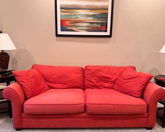 Bauhaus Two-Seat Sofa Upholstered in "Club House Rub" Red Cotton Duck Cloth. Measures 86" W x 36" D. Photo 1 of 2.