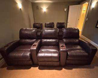 Set of 6 Brown Leather Home Theatre Recling Chairs. Two Have Two Arms; Four have Single Arm. Photo 1 of 3.