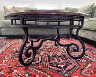 Metal Scroll Coffee Table with Distressed Crackle Finish Top. Measures 40" D x 19" H. Photo 1 of 3.