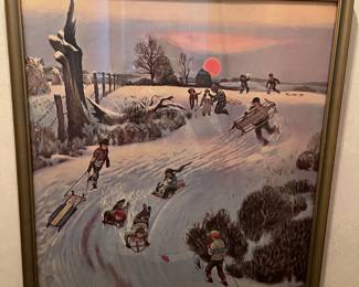 Vintage John Falter print titled “Sledding by Sunset”.