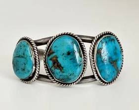 Native American Sterling Silver with Turquoise Stones Statement Cuff Bracelet (50.3 Grams)