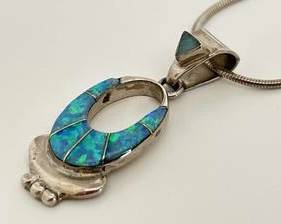 Native American Signed Sterling Silver with Lab Opal Stones Necklace - 18" (6.5 Grams)