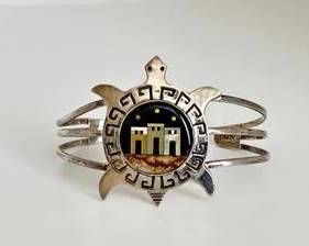 Southwestern Sterling Silver with Inlaid Stones Turtle Design Cuff Bracelet (19.6 Grams)