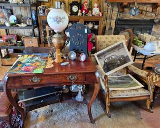 Mahogany library table, Mission clock, Lincoln rocker