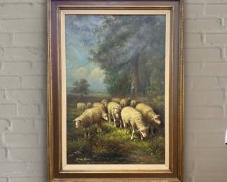 Original Signed Fous Denis Large Oil Painting Sheep in Repose