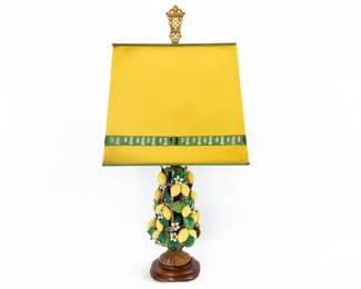 Vintage Italian Porcelain Lemon Tree Topiary Table Lamp with Matching Tole Shade