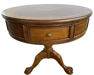 Vintage Luxurious Mahogany Starburst Inlay Circular Drum Table on Tripod Base