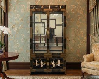 Chinese Chinoiserie Style Black Lacquer and Mother-of-Pearl China Display Cabinet