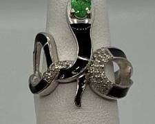 925 Sterling Silver Enamel Snake Ring with Tsavorite Garnet & Natural Diamonds | Size 8.5 | Total Weight is 6.4 grams