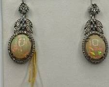 Antique Georgian Sterling Silver Drop Earrings With Pear Opal And Diamonds | Total Weight 13.3 grams