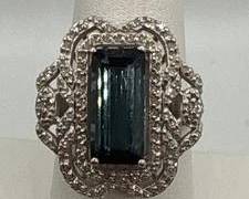 925 Sterling Sliver Ring With Central Indicolite Tourmaline And Round Diamonds | Size 8 | Total Weight is 7.8 grams