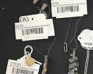 (B.L) 14K Grandma Pendant, (A) Steve Veresh Brutalist Necklace, (B) Steve Veresh Brutalist Necklace