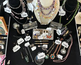 (B.L) 14K Heart Necklace, (B.L) 10K Gold Chain Necklace, Miriam Haskell Jewelry Set, Miriam Haskell Bracelet, (B.L) 10K Stone Ring, Steve Veresh Ruby Bird Sculpture, Dior Rhinestone Clip-On Earrings, Dior Clip-On Earrings, Sterling Beaded Necklace (A), Sterling Beaded Necklace (B), Monet Wisteria Moonglow Necklace, Miriam Haskell Necklace (B), Miriam Haskell Necklace (A), (B.L) 14K Grandma Pendant, (A) Steve Veresh Brutalist Necklace, (B) Steve Veresh Brutalist Necklace