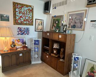 Glass Urn Table Lamp, Framed Art, Original Art Pieces , Steve Veresh "The Look Of Luck", Steve Veresh Multimedia Painting, Sauder Woodworking Entertainment Stand, Steve Veresh " Cubic Fugue" Sculpture