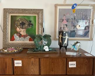 Karl Larsen Signed Oil Painting, Steve Veresh Sculpture, Signed "Cocktail Party" Print