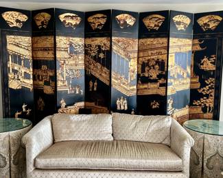 Custom Sofa by Hugoβs, Pair of Coordinated Custom Skirted Glass Top Side Tables