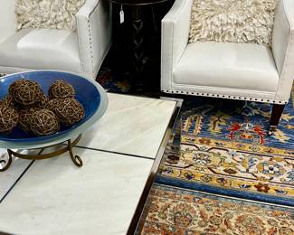 Pair of Club Chairs on Casters, Chrome & Marble Top Coffee Table, Art Glass Bowl/Centerpiece