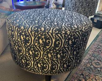 Black and White Upholstered Damask Ottoman - Two Available