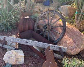 Southwest Garden Art, Metal Barrel Cactus, and Large Wrought Iron Rooster