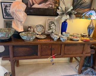 Antique Chinese Alter Table, Famille Rose Medallion Chinese Porcelain, Tiffany Style Table Lamp, and Vintage "Stargazer" Art Deco Bust by David Fisher