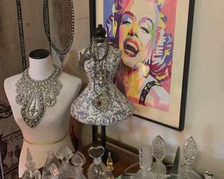 Collection of Vintage Perfume Bottles, Marilyn Monroe Lithograph, Sample of the Costume Jewelry Available