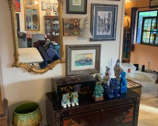 Antique Gilded Carved Wooden Mirror, Partial Collection of Foo Dogs, Red Lacquer Slant Sideboard, and Collection of Framed Art