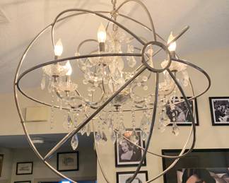 Rome Crystal Chandelier in Polished Aluminum Globe by Attwood. Two Available - One Clear Cut Crystals, the other Smokey Cut Crystals
