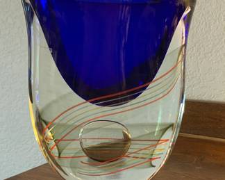 Silvano Signoretto Signed Murano Glass Sommerso Vase with Colored Ribbons