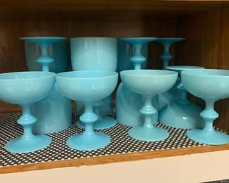 Portieux Vallerysthal Blue Opaline Goblets and Champagne / Martini Glasses