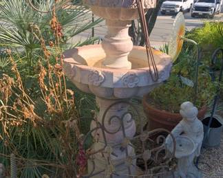 Two Tiered Poured Cement Garden Fountain with Large Wire Dragonfly Sculpture