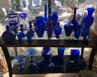 Collection of Blue Glass, Etched Blue Glass, and Bohemian Cut Crystal 