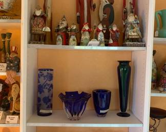 Indigo Blue and Purple Art Glass, Cut Crystal Bowls, and Decorative Santa Claus Art Pieces