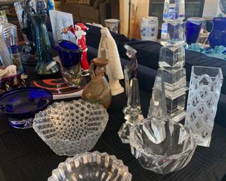 Cut Crystal Bowls, Hoya Square Vase, and Large Crystal Obelisk
